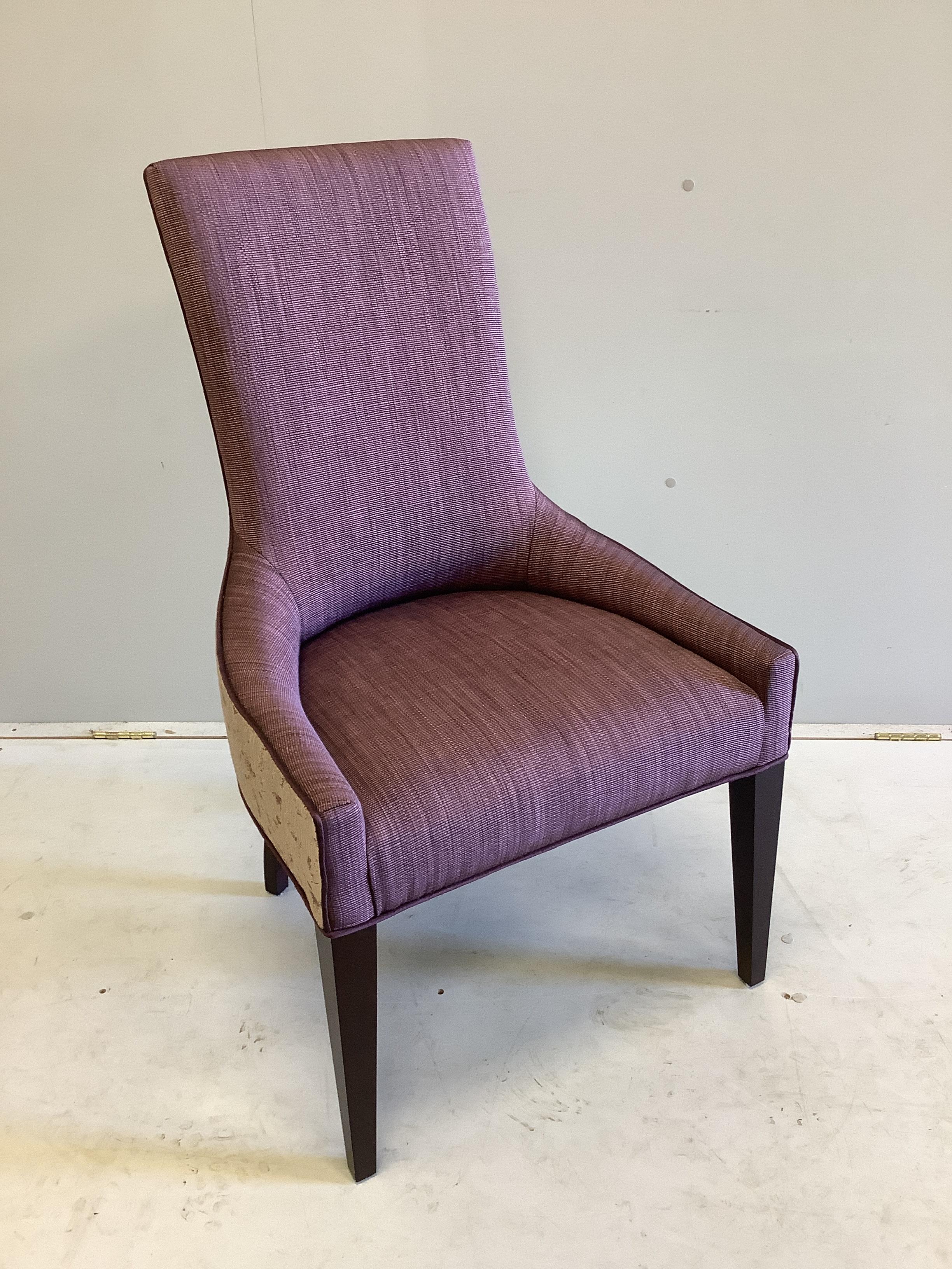 A set of ten Claverton dining chairs by Ben Whistler, Chapel Street, upholstered in Dedar Jasper Myrtille and Evitavonni Verona Oro fabrics, width 58cm, depth 60cm, height 97cm